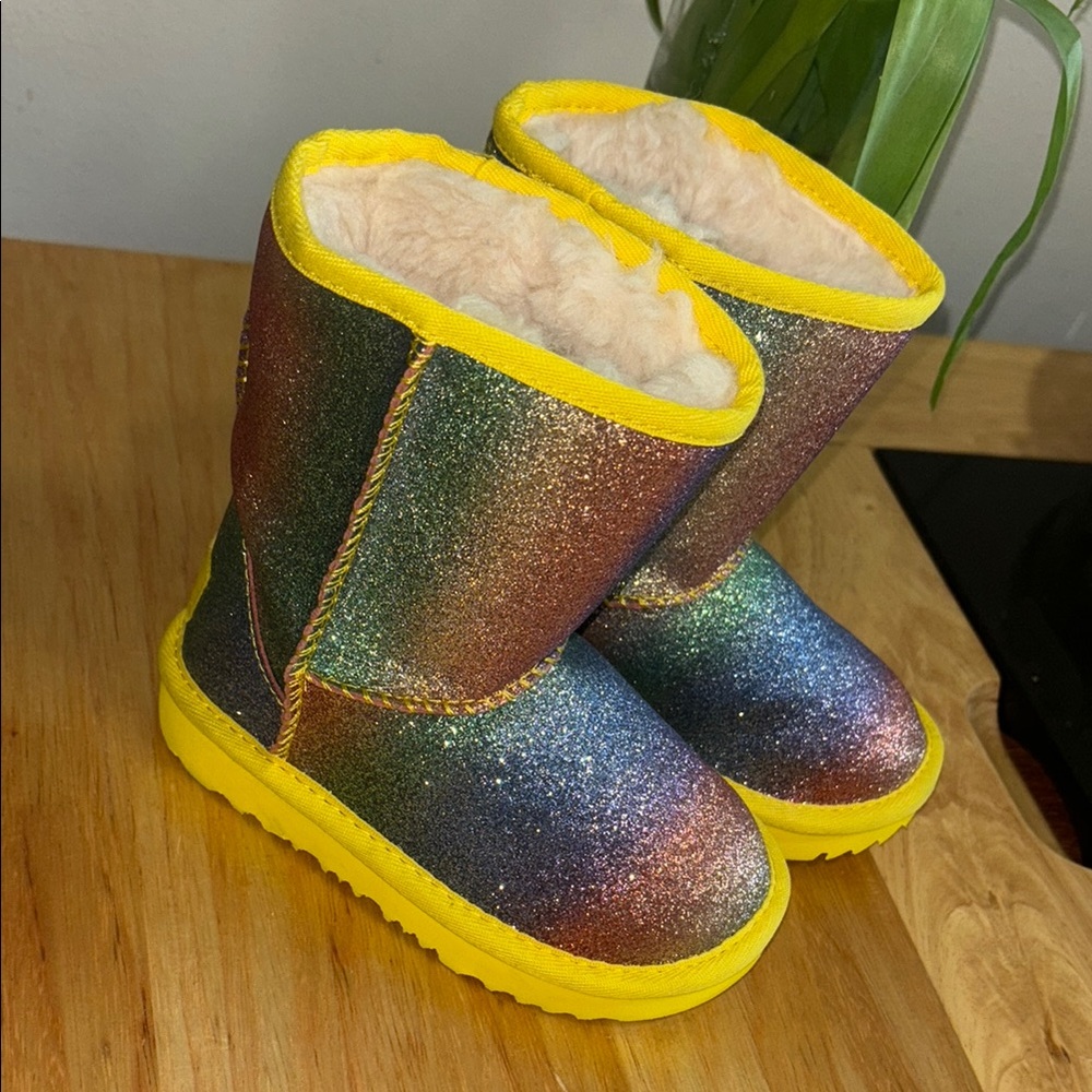 Glittery Rainbow Kids Ugg Boots with Yellow Trim